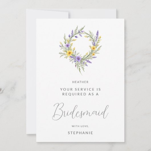 Romantic Minimal Yellow Lavender Wreath Bridesmaid (Voorkant)