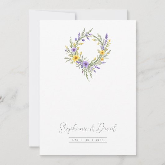 Romantic Minimalist Wedding Yellow Lavender Wreath Kaart (Voorkant)
