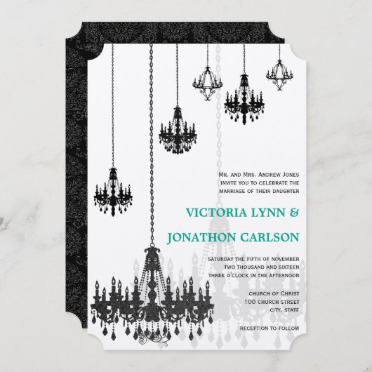 Romantic Mint Green Damask Chandeliers Wedding Kaart (Voorkant / Achterkant)