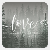 Romantic Misty Forest Thmed Script Love Weddenscha Vierkante Sticker (Voorkant)