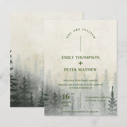 Romantic Misty Forest Waterverf Trees Wedding Briefkaart (Voorkant / Achterkant)