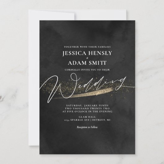 Romantic Modern Black and Gold Wedding Invitation Kaart (Voorkant)