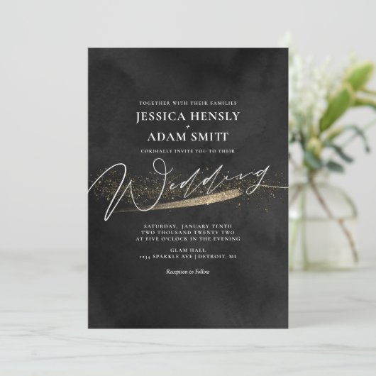 Romantic Modern Black and Gold Wedding Invitation Kaart (Staand voorkant)