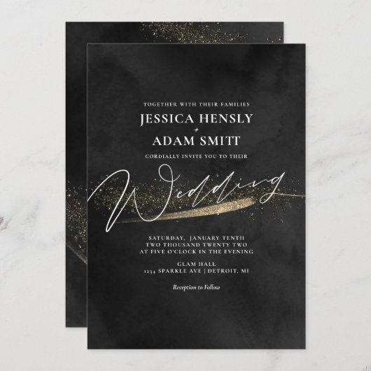 Romantic Modern Black and Gold Wedding Invitation Kaart (Voorkant / Achterkant)