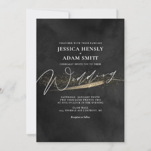 Romantic Modern Black and Gold Wedding Invitation Kaart