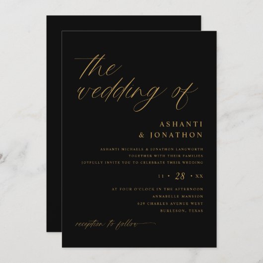 Romantic Modern Black and Gold Wedding Kaart (Voorkant / Achterkant)