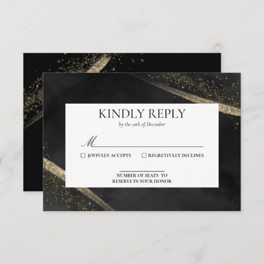 Romantic Modern Black and Gold Wedding RSVP Kaart (Voorkant / Achterkant)