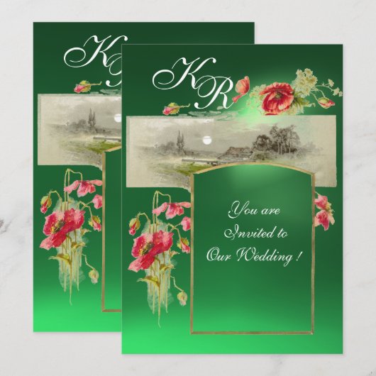 ROMANTİC MONOGRAM/POPPIËN, rode, groene jade Kaart (Voorkant / Achterkant)