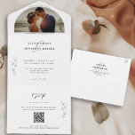 Romantic Mood QR Codes Wedding Photo All In One I All In One Uitnodiging<br><div class="desc">A modern and romantic mood-trending design with botanical and calligraphy script accentS.  Follow the guide above to replace 
personal wedding details including your favorite photo.  An all-in-one wedding invitation that includes an rsvp card with an option to scan the QR code,  and or visit your wedding website.</div>