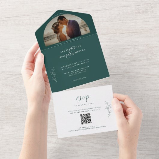 Romantic Moody Emerald Green Wedding Foto All In One Uitnodiging (Afscheurbaar)