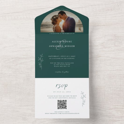 Romantic Moody Emerald Green Wedding Foto All In One Uitnodiging (Binnen)