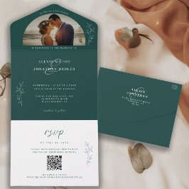 Romantic Moody Emerald Green Wedding Foto All In One Uitnodiging