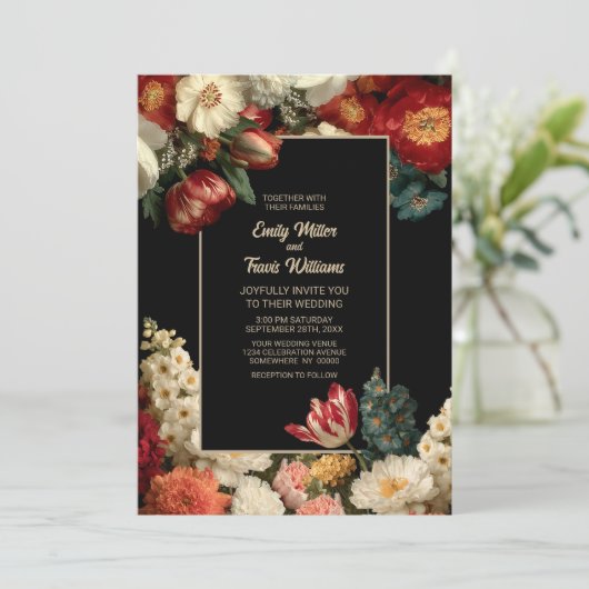 Romantic Moody Floral Black Wedding Kaart (Staand voorkant)