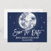 Romantic Moon & Stars Navy Wedding Save the Date Aankondigingskaart (Voorkant / Achterkant)
