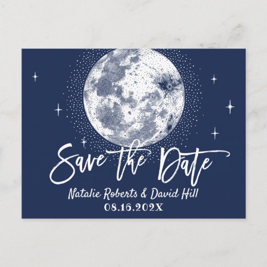 Romantic Moon & Stars Navy Wedding Save the Date Aankondigingskaart (Voorkant)