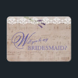 Romantic Music Lavender word my BRIDESMAID Invite Kaart<br><div class="desc">Speciaal ontwerp met een oude achtergrond voor muziekbladen met romantische kant en lavender. Dit zal een geweldige keuze zijn voor een , romantische bruiloft. Gebruik het gereedschap Aanpassen om uw gegevens toe te voegen. Bekijk alstublieft andere objecten die overeenkomen met dit ontwerp in mijn Romantische Collectie Lavender Wedding. Hulp nodig?...</div>