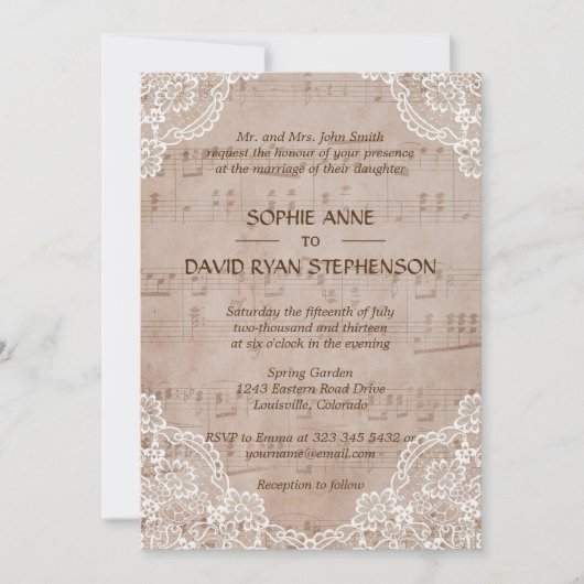 Romantic Music Sheet and Lace Wedding Kaart (Voorkant)