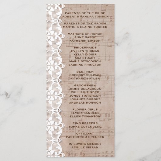 Romantic Music Sheet & Lace Wedding Program Programmakaart (Achterkant)