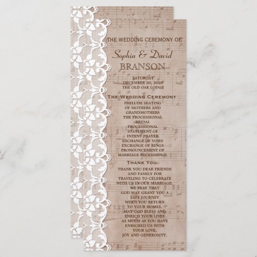 Romantic Music Sheet & Lace Wedding Program Programmakaart (Voorkant / Achterkant)