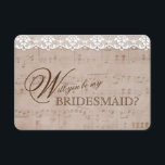 Romantic Music Sheet & Lace Wees mijn BRIDESMAID Kaart<br><div class="desc">Speciaal ontwerp met een oude achtergrond voor muziekbladen met een romantische kant en prachtige lettertypen. Dit zal een geweldige keuze zijn voor een , romantische bruiloft. Gebruik het gereedschap Aanpassen om uw gegevens toe te voegen. Bekijk alstublieft andere objecten die overeenkomen met dit ontwerp in mijn Collectie Muziekblad & Lace...</div>