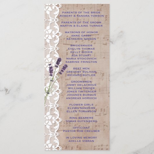 Romantic Music Sheet Lavender Program Custom Programmakaart (Achterkant)