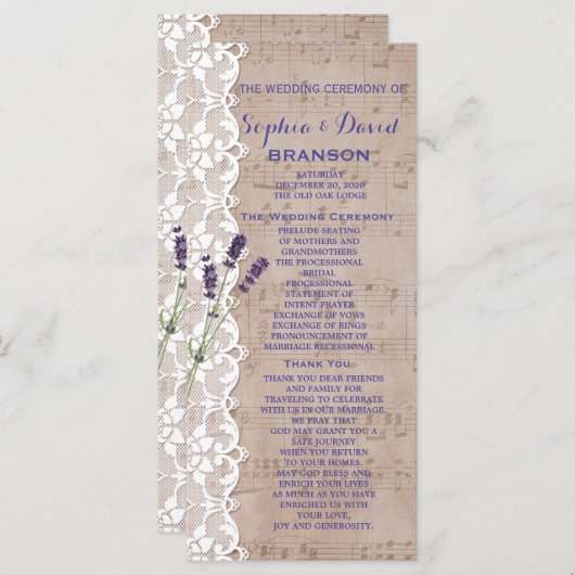 Romantic Music Sheet Lavender Program Custom Programmakaart (Voorkant / Achterkant)