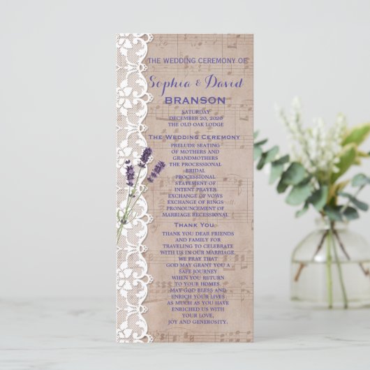 Romantic Music Sheet Lavender Program Custom Programmakaart (Staand voorkant)