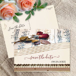 Romantic Muziek die het Briefkaart van de Datum sp<br><div class="desc">Origineel sparen het briefkaart van de Datum met een roos op een muziekblad met gestileerde muzikale nota's en een pianotoetsenbord. Geweldig voor een stel dat van muziek houdt.</div>