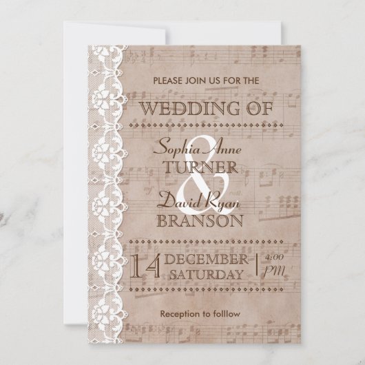 Romantic  muziekblad & Lace Wedding Invite Kaart (Voorkant)