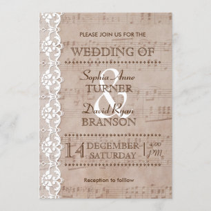 Romantic  muziekblad & Lace Wedding Invite Kaart