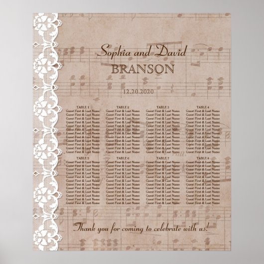 Romantic muziekblad & Lace Wedding Seating Chart Poster (Voorkant)