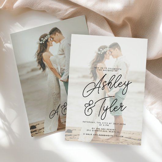 Romantic names script overlay photo wedding kaart