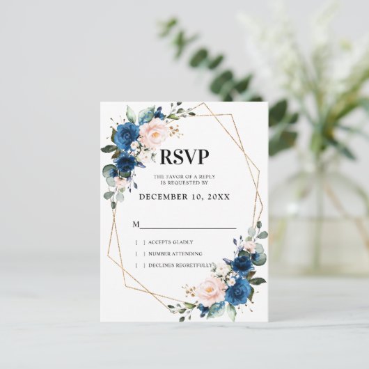 Romantic Navy Blue Blush Botanical Geometric RSVP Briefkaart (Staand voorkant)