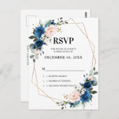 Romantic Navy Blue Blush Botanical Geometric RSVP Briefkaart (Voorkant / Achterkant)