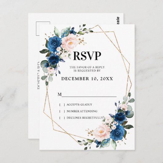 Romantic Navy Blue Blush Botanical Geometric RSVP Briefkaart (Voorkant / Achterkant)