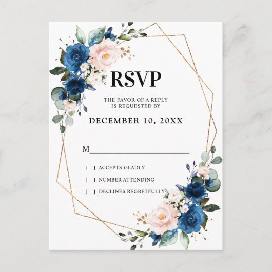 Romantic Navy Blue Blush Botanical Geometric RSVP Briefkaart (Voorkant)