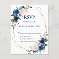 Romantic Navy Blue Blush Botanical Geometric RSVP