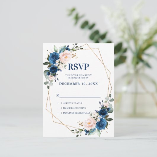 Romantic Navy Blue Blush Botanical Geometric RSVP Briefkaart (Staand voorkant)