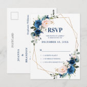 Romantic Navy Blue Blush Botanical Geometric RSVP Briefkaart (Voorkant / Achterkant)