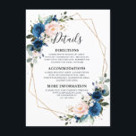 Romantic Navy Blue Blush Floral Geometric Wedding Informatiekaartje<br><div class="desc">Waterverf Navy Blue Royal Blauw blush roze Floral Rustic Boho Modern geometric Wedding Details Card met gouden geometrische lijst. Ideaal voor een valbruiloft. Het ontwerp is voorzien van een verbluffend boeket van Navy blue blush bloemen / rozen met bijbehorende bladeren. Zoek meer overeenkomende design en variaties in mijn winkel met...</div>