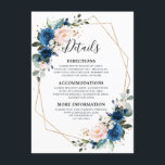 Romantic Navy Blue Blush Floral Geometric Wedding Informatiekaartje<br><div class="desc">Waterverf Navy Blue Royal Blauw blush roze Floral Rustic Boho Modern geometric Wedding Details Card met gouden geometrische lijst. Ideaal voor een valbruiloft. Het ontwerp is voorzien van een verbluffend boeket van Navy blue blush bloemen / rozen met bijbehorende bladeren. Zoek meer overeenkomende design en variaties in mijn winkel met...</div>