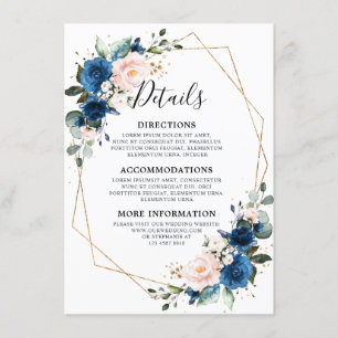 Romantic Navy Blue Blush Floral Geometric Wedding Informatiekaartje