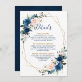 Romantic Navy Blue Blush Floral Geometric Wedding Informatiekaartje (Voorkant / Achterkant)