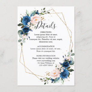 Romantic Navy Blue Blush Floral Geometric Wedding Informatiekaartje