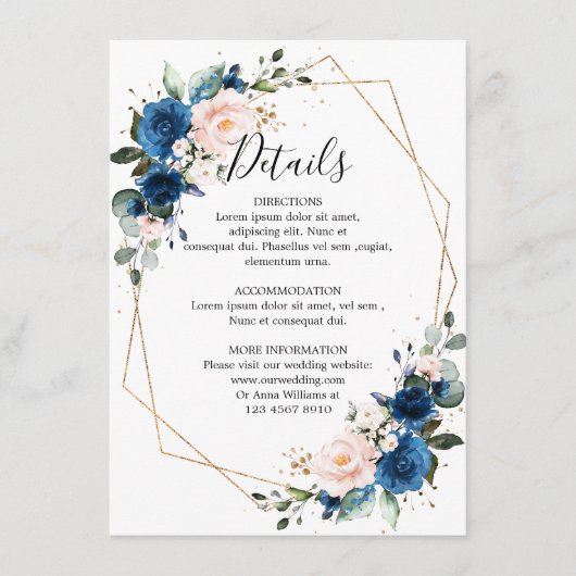 Romantic Navy Blue Blush Floral Geometric Wedding Informatiekaartje (Voorkant)