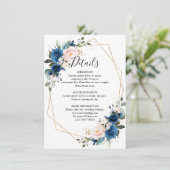 Romantic Navy Blue Blush Floral Geometric Wedding Informatiekaartje (Staand voorkant)