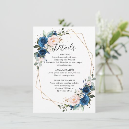 Romantic Navy Blue Blush Floral Geometric Wedding Informatiekaartje (Staand voorkant)