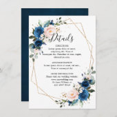Romantic Navy Blue Blush Floral Geometric Wedding Informatiekaartje (Voorkant / Achterkant)
