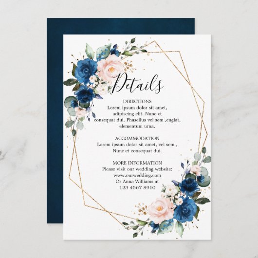 Romantic Navy Blue Blush Floral Geometric Wedding Informatiekaartje (Voorkant / Achterkant)