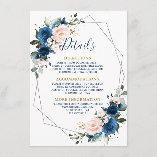 Romantic Navy Blue Blush Floral Geometric Wedding Informatiekaartje (Voorkant)